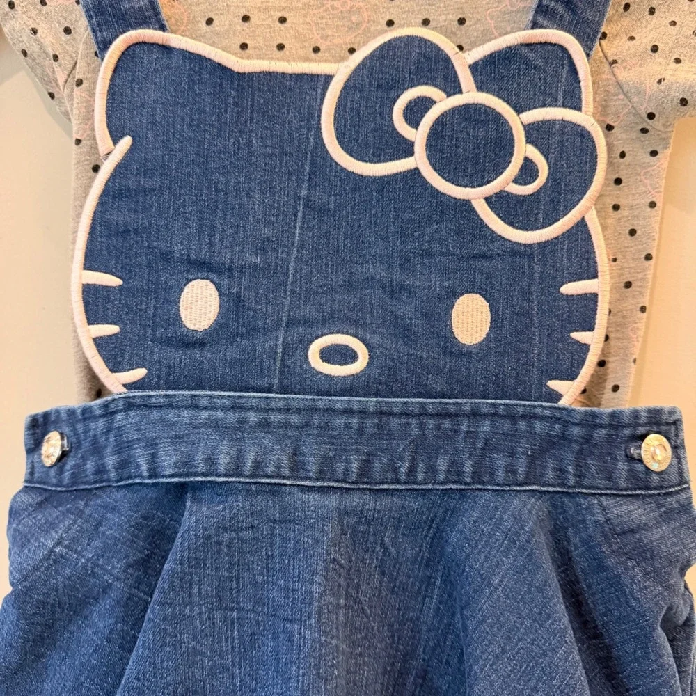 Hello Kitty Sanrio Denim 2 Piece Dress Set Embroidered Blue Grey Polka Dot 5 EUC
